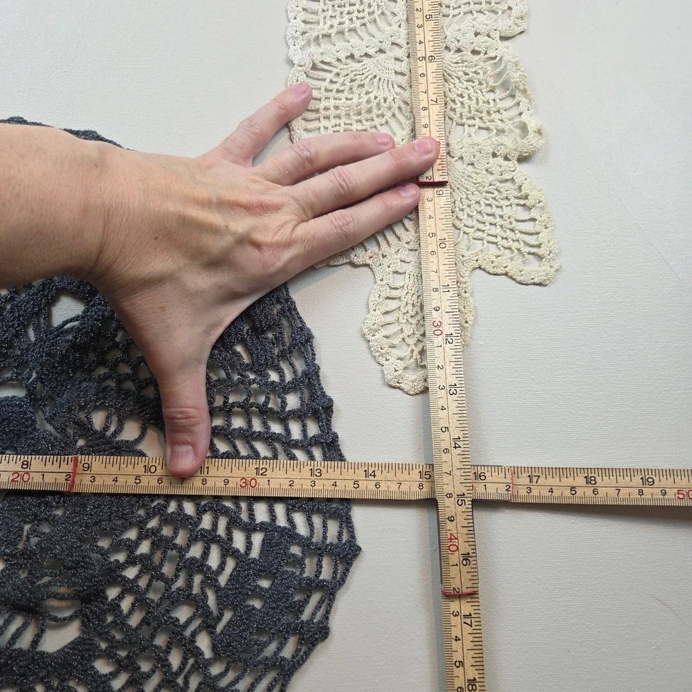 Vintage Handmade Crochet Lace Doily Set Gray Round & Cream Pineapple Runners 3pc